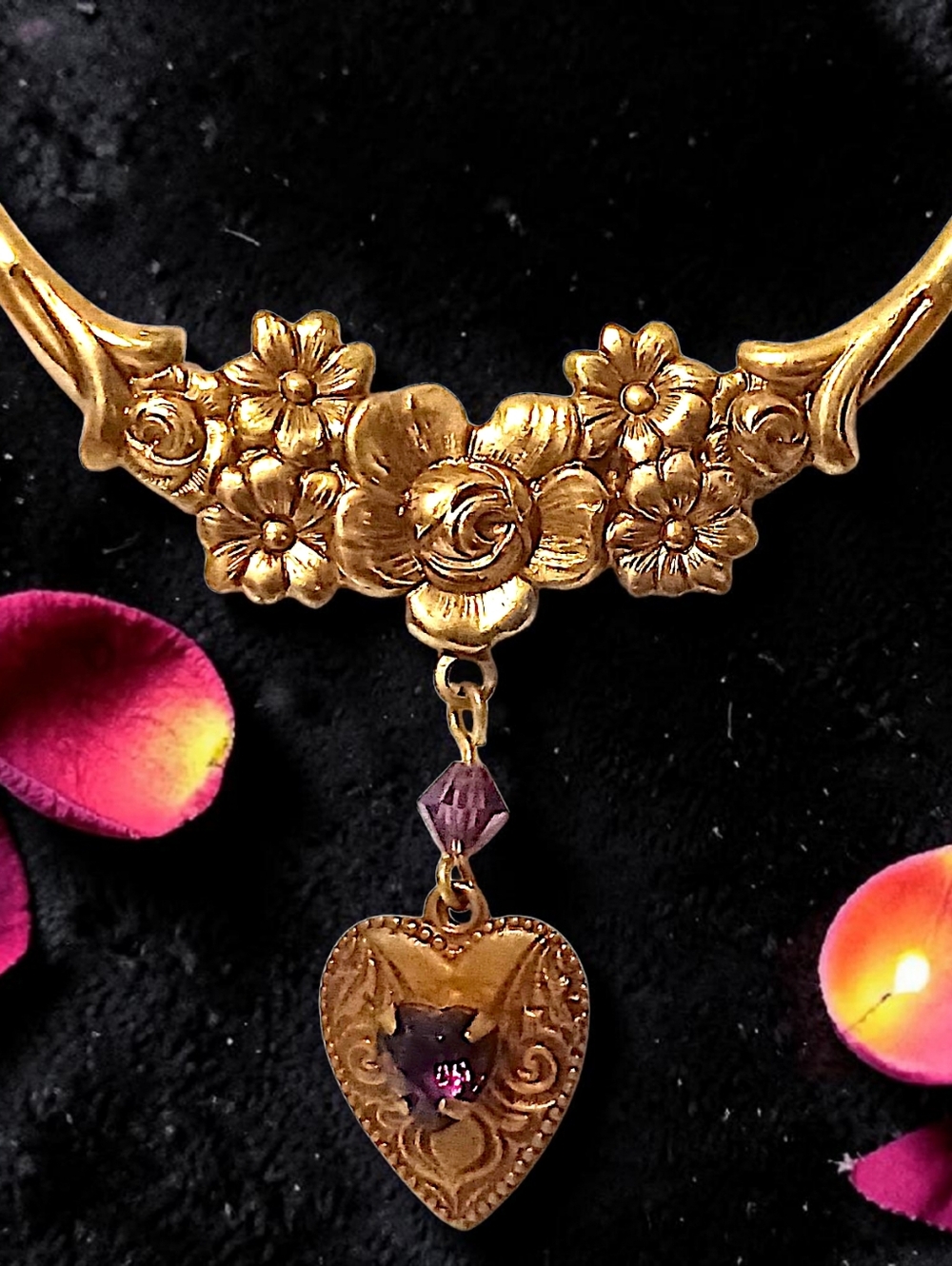 Pididdly Links Necklace Gold Tone Purple Glass Art Nouveau Style Vtg Victorian